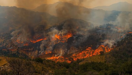Fototapeta premium Wildfire Sweeping Across Mountainous Landscape with Smoke and Flames