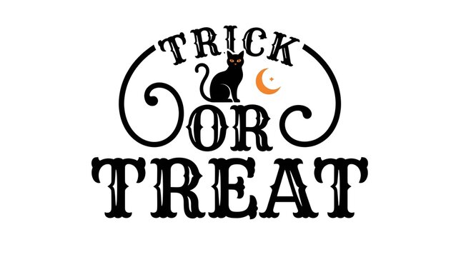 This captivating halloween typography design features the classic phrase 'trick or treat' in a whimsical and slightly spooky style incorporating a black cat silhouette and