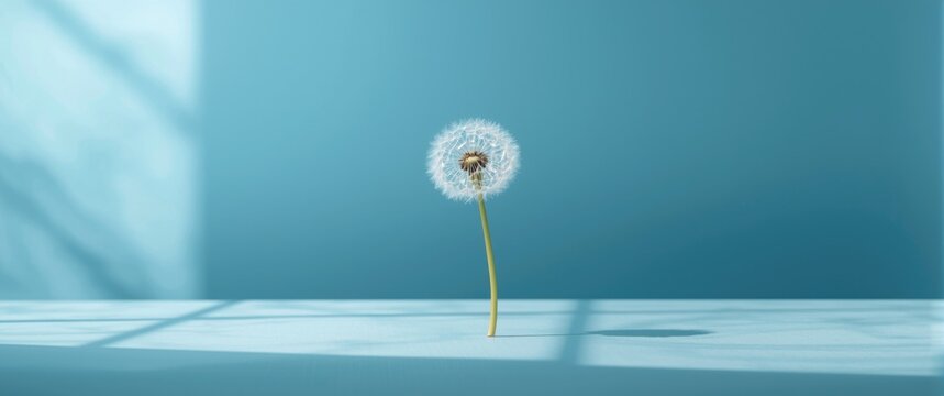 Dandelion Seed Head Standing on a Table Against a Soft Blue Background