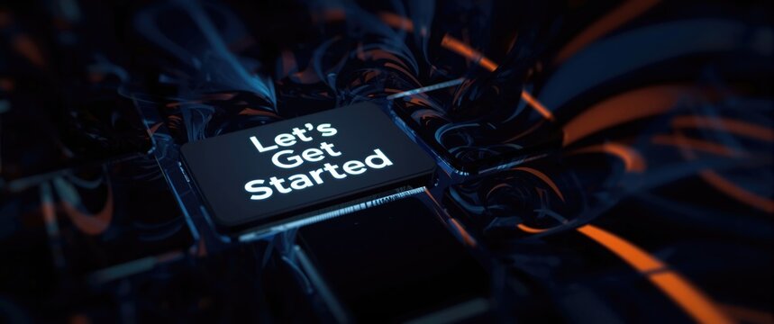 Button with Let's Get Started Text in Glossy Dark Background with Orange Accents