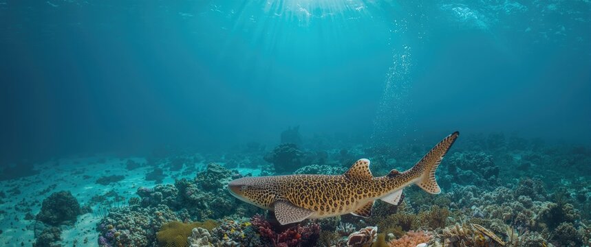 Leopard Shark Swimming Over Colorful Coral Reef Under Sunlight Rays