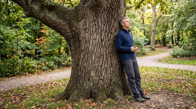 Mature man leaning against a large oak tree in a serene park, enjoying a peaceful moment outdoors