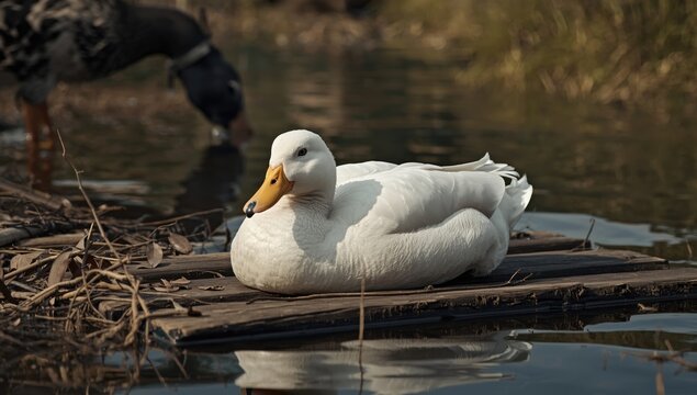 White duck resting on a wooden platform by the water