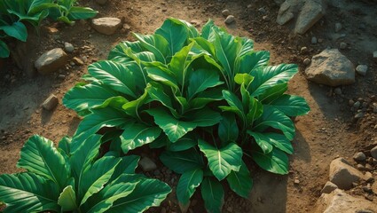Fototapeta premium Lush Green Foliage Growing in Soil with Rocks Under Natural Light