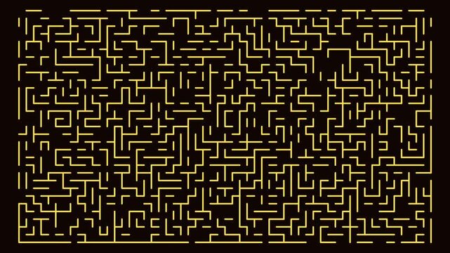 Yellow geometric line pattern progressively forms a dense maze across a black background