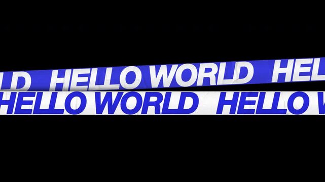 Blue and white alternating Hello World ribbon banners scrolling diagonally on a transparent background, seamless loop with alpha channel for greeting and welcome design projects