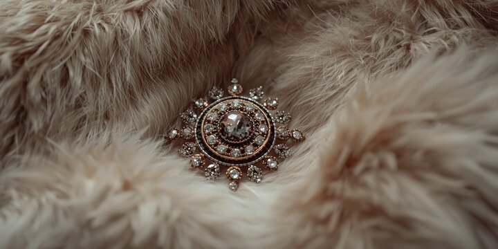 Elegant Brooch Centered on Plush Fur Background in Soft Lighting