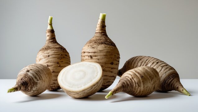 Taro root or eddoes root isolated on a white background.
