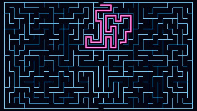 Glowing pink path progressively tracing a route through blue maze on dark abstract background