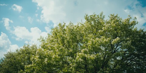 Fototapeta premium Blooming Tree Under Blue Sky with Fluffy Clouds