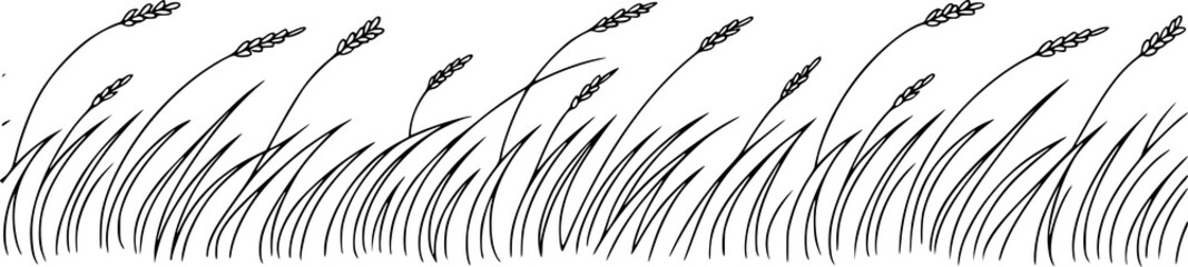 Fototapeta premium A simple black and white line of tall grass and wheat stalks growing in a field border
