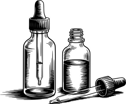 Black and white ink of two glass dropper bottles for essential oils or medical liquid medication