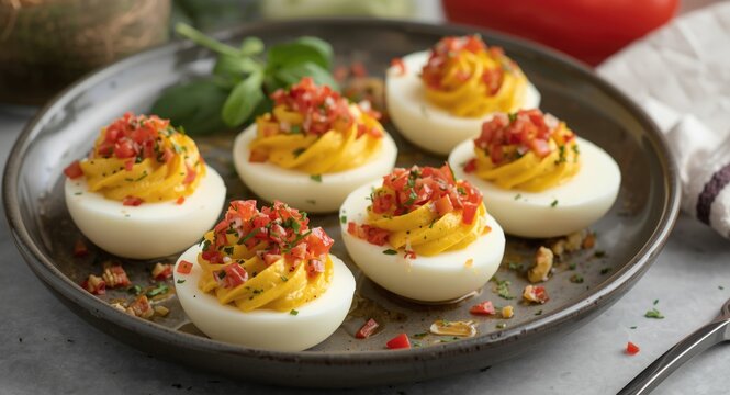 Deviled Eggs Topped with Chopped Tomatoes and Herbs on a Plate