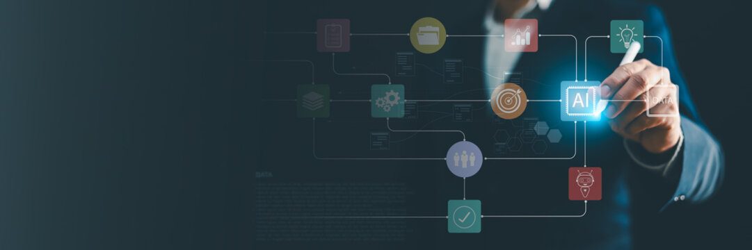 Businessman using stylus pen touching glowing AI chip icon on digital process workflow banner network. Concept for artificial intelligence, automation, data analytics, technology, transformation