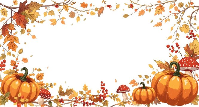 Autumn Pumpkin Border with Colorful Leaves and Fungi on White Background