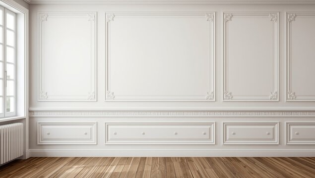 Elegant White Wall with Decorative Moldings in a Bright Room
