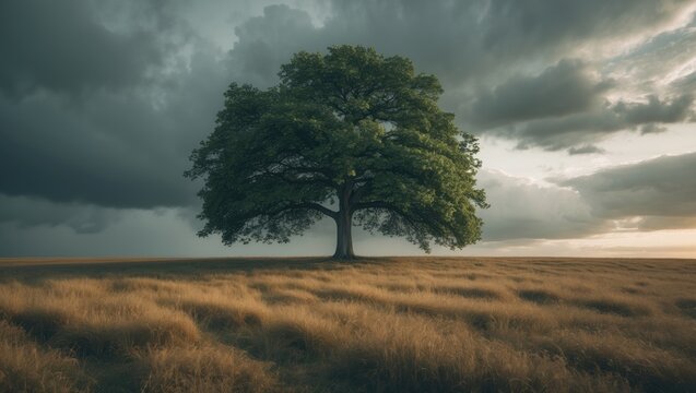 Lone Tree Standing in a Field Under Dramatic Cloudy Sky