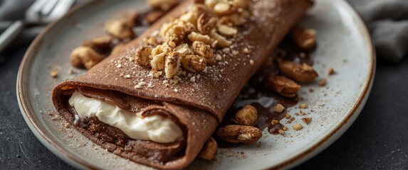 Fototapeta premium Chocolate Crepes Filled with Cream and Topped with Nuts on a Plate