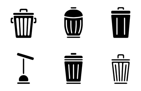 Trash can garbage bin waste container recycling symbol outline vector icon set.
