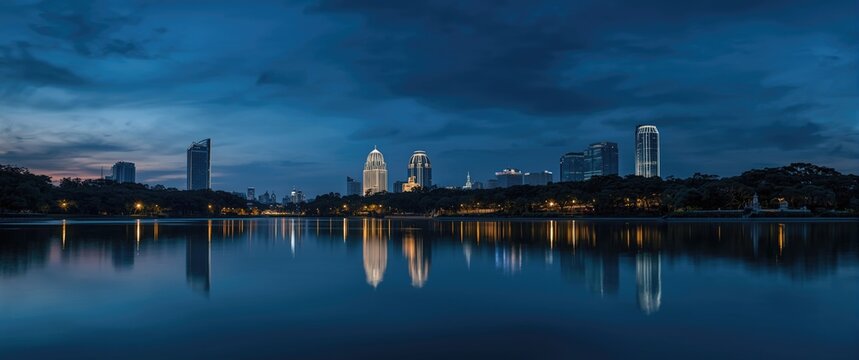 City Skyline Reflected on Water at Dusk with Dramatic Clouds