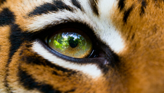 a majestic bengal tiger eye reflecting lush green jungle canopy for world animal day