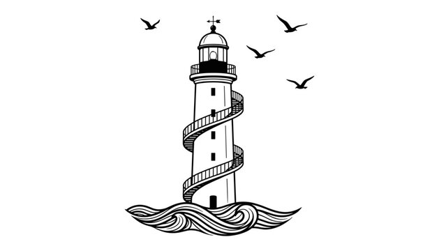 Classic coastal lighthouse standing among ocean waves with flying seagulls and a spiral staircase architectural structure,