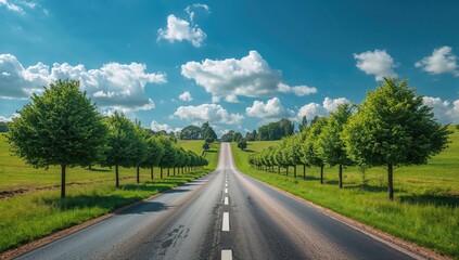 Fototapeta premium Scenic Tree-Lined Road Leading into Rolling Green Hills under a Blue Sky