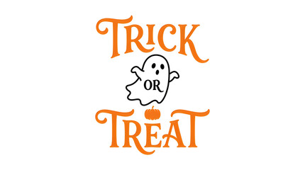 Trick or Treat Halloween typography design with cute ghost illustration on white background © MD ACHADUL ISLAM