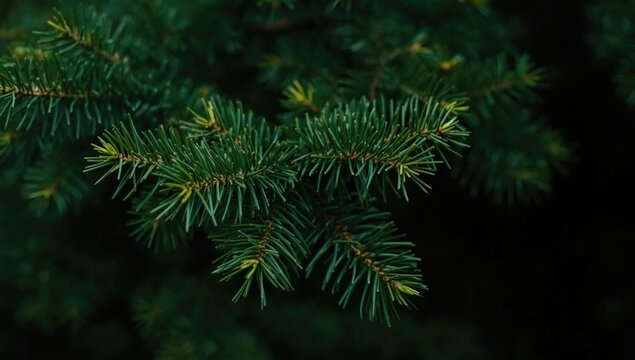 Green Pine Needles Closeup Against Dark Background