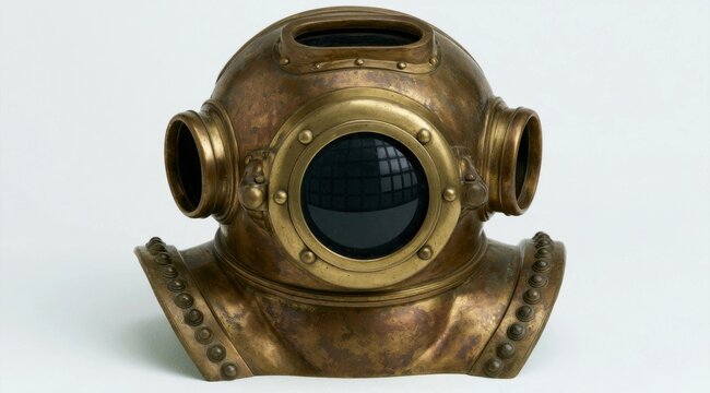 Antique brass diving helmet with circular porthole and riveted neck collar