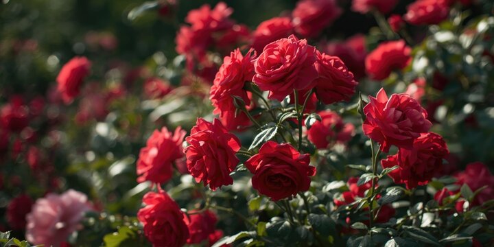 Vibrant Red Roses Blooming in a Lush Garden Setting During Daylight
