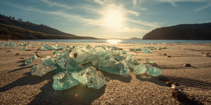 Scattered Sea Glass Fragments on Sandy Beach at Sunset with Warm Light