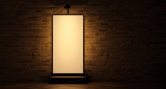 Illuminated Blank Signboard on Brick Wall in Dim Light