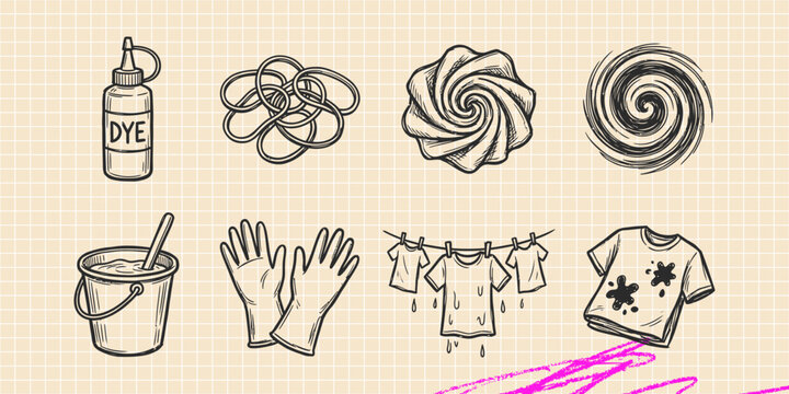 Hand drawn vintage black ink scribble doodle vector set of tie dye fabric coloring and handmade crafts icons for creative graphic design