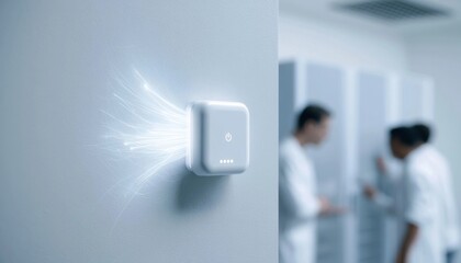 Naklejka premium White smart home sensor emitting light beam on wall with medical staff in
