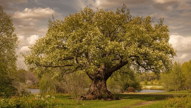Blossoming Tree in a Lush Park Near a Calm Lake Under Dramatic Clouds