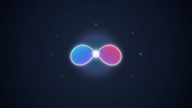 Abstract glowing infinity symbol with a central bright light point on a dark background.