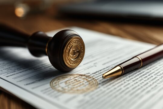 Notary stamp and pen on legal document with official seal impression