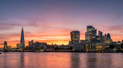 Naklejka premium Cityscape at Dusk: The iconic London skyline, illuminated by the warm hues of sunset, stretches across the horizon with the Thames River reflecting the vibrant sky.