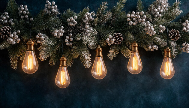 Christmas garland with pine branches, silver berries, pinecones and hanging vintage light bulbs