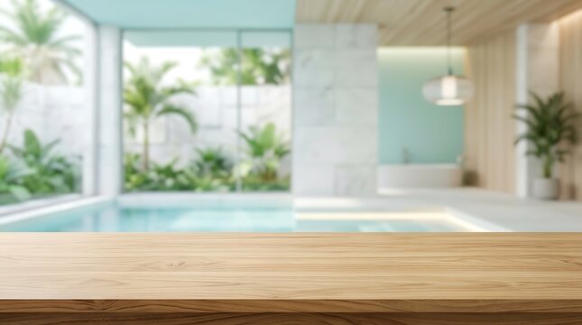Empty wooden table top for product display with blurred luxury pool and spa background for wellness brand marketing