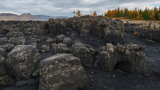 Bizarre Rock Formations in a Dark Landscape Under Cloudy Skies