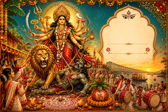 Durga Puja celebration with Goddess Durga, lion, drummers and riverfront festival scene banner