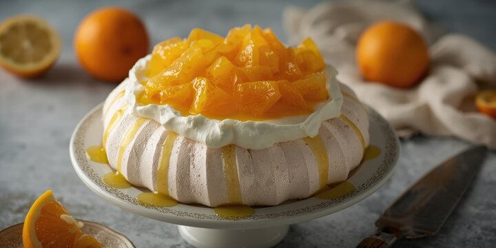 Citrus Pavlova Dessert Topped with Orange Slices and Cream on a Decorative Plate