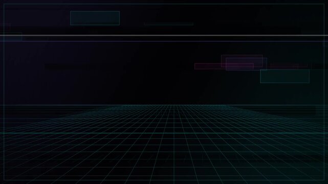 Floating neon rectangles shift across a dark digital grid floor in abstract futuristic motion