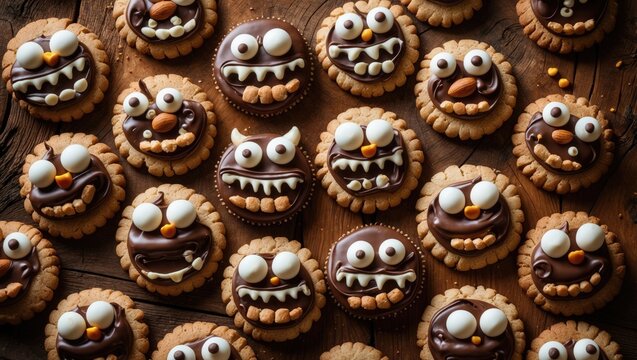 Playful Monster Face Cookies Arranged on a Wooden Table