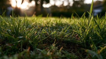 Naklejka premium Sunlight gently touches blades of green grass in a serene outdoor setting with soft bokeh background
