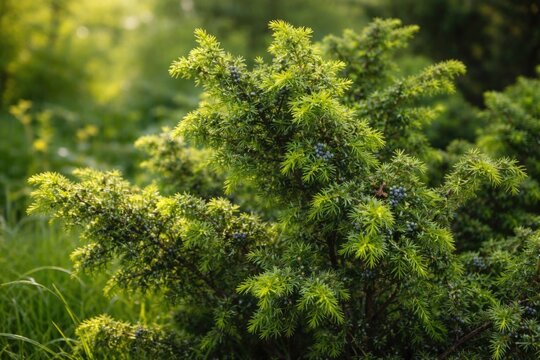 Lush Green Juniper Bush with Blue Berries in Soft Morning Light