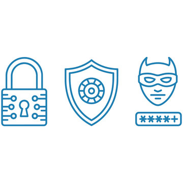 Cybersecurity icons featuring a digital padlock shield and a masked hacker character for data protection and network safety