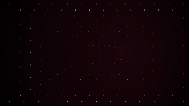 Binary digits forming a receding perspective tunnel in a dark red digital background